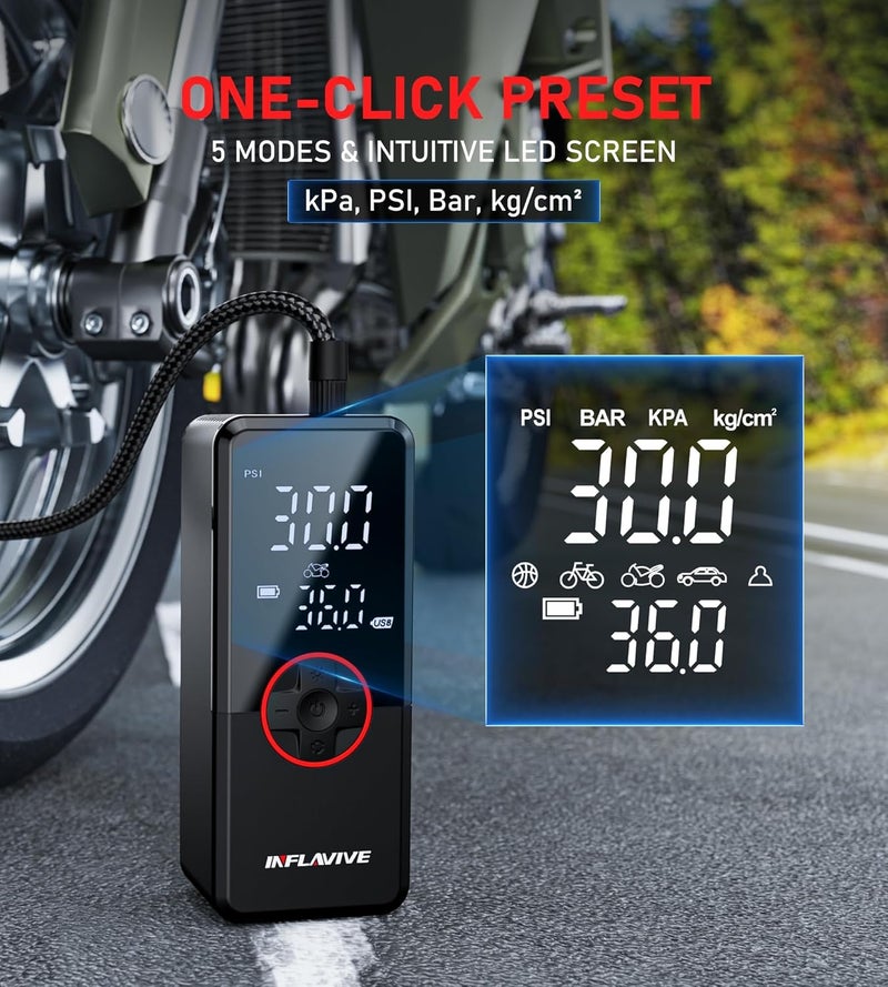 InflaVive Tire Inflator Portable Air Compressor, 3X Fast Inflate Cordless Air Pump for Car Tires with LED Light, 150PSI Portable Electric Pump with Digital Pressure Gauge, for Bike Motorcycle Car Ball - Image 4